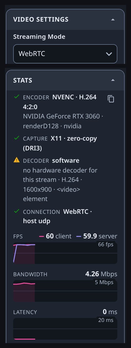 Streaming mode set to WebRTC and the stats panel reporting a host UDP connection Streaming mode set to WebRTC and the stats panel reporting a host UDP connection
