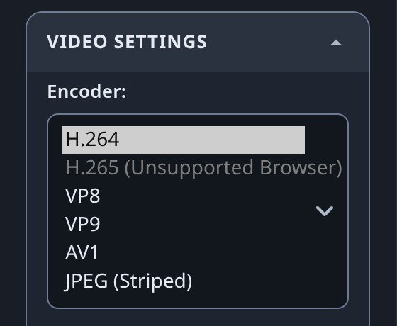 Encoder dropdown with H.265 marked unsupported by the browser Encoder dropdown with H.265 marked unsupported by the browser